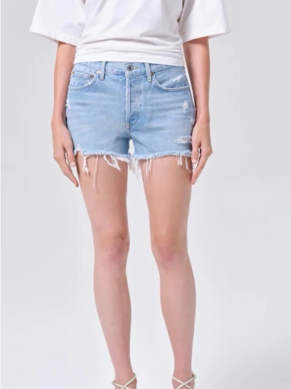 Agolde Light Wash Distressed Denim Shorts